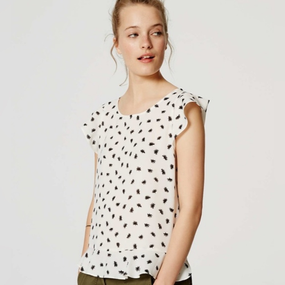 LOFT Brushdot Peplum Top White and Black Large